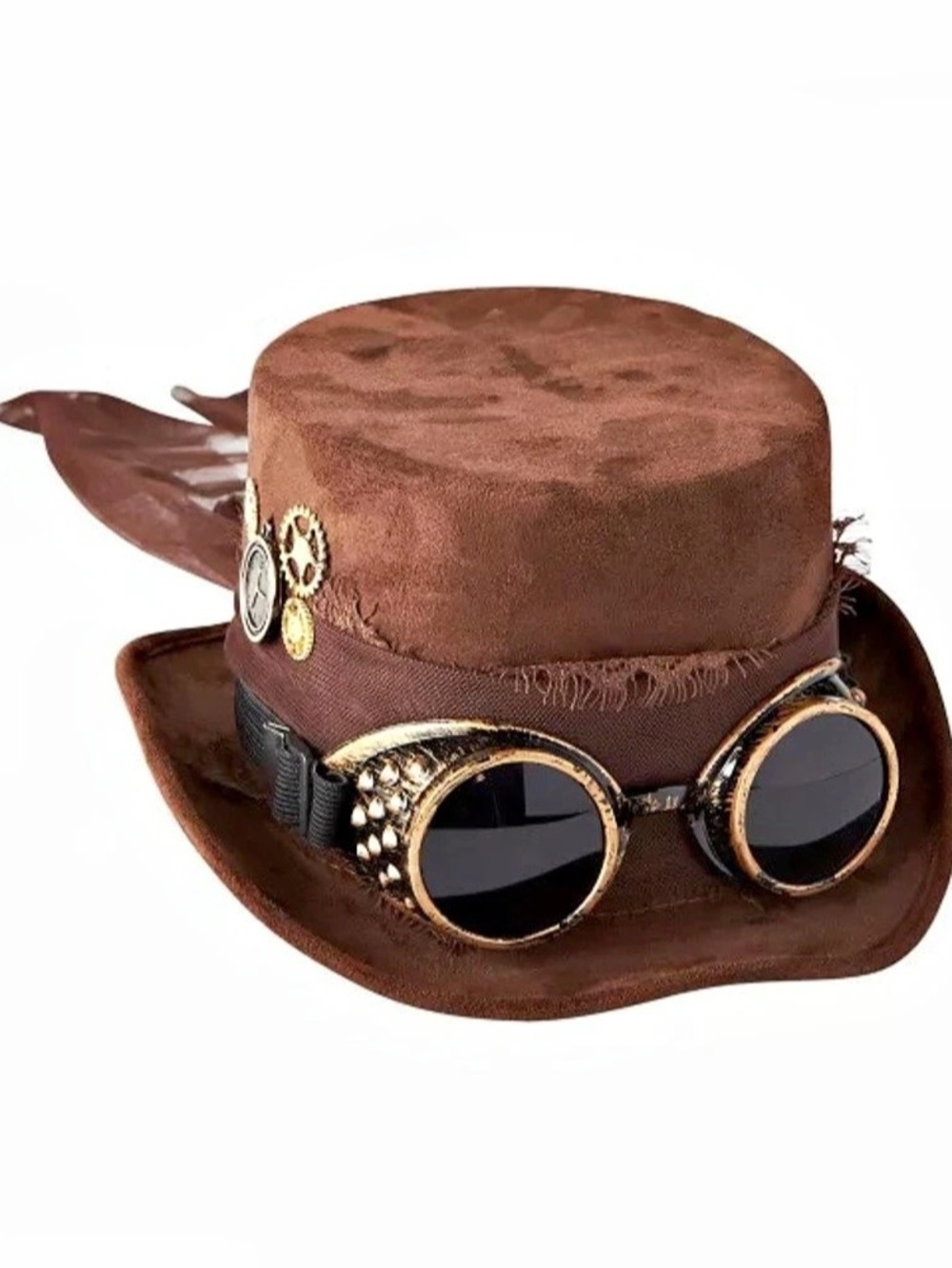 Spirit Halloween Steampunk Victorian Feather Vintage Top Hat with Goggles Brown